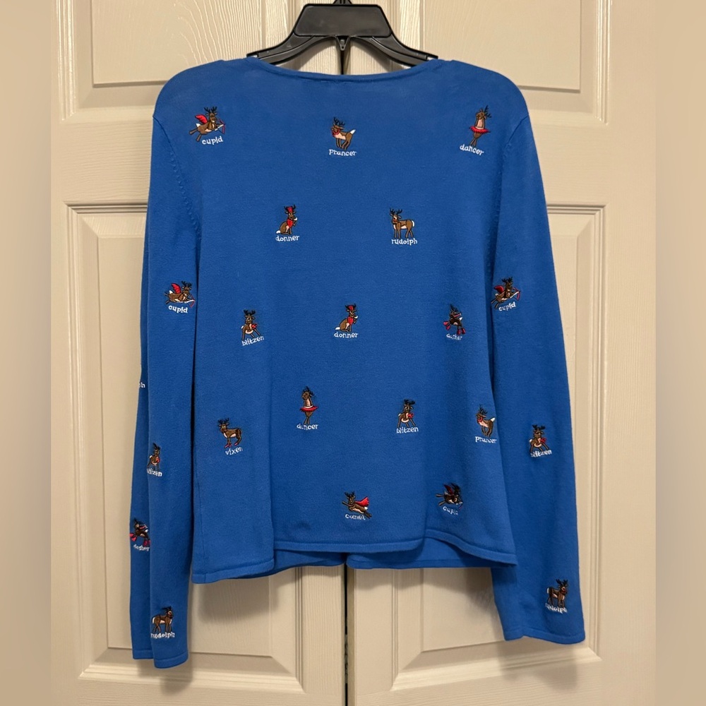 Etoile Bight Blue Reindeer Embroidery Christmas Holiday Cardigan Sweater - Picture 12 of 12